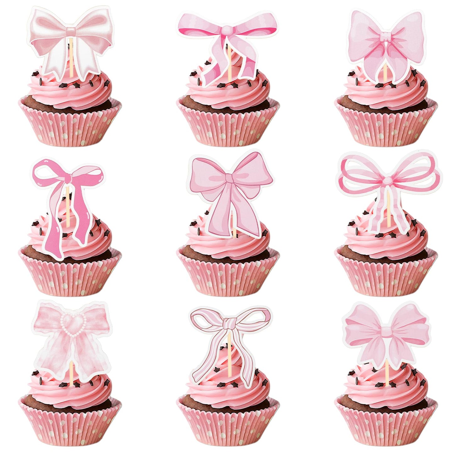 Ouligay 36 Pcs Pink Bow Cupcake Toppers,Coquette Bow Birthday Cake Decorations,Birthday Decorations for DIY Cake Decor Tools,Wedding Baby Shower Girl Bow Theme Birthday Party Supplies(9 Styles)