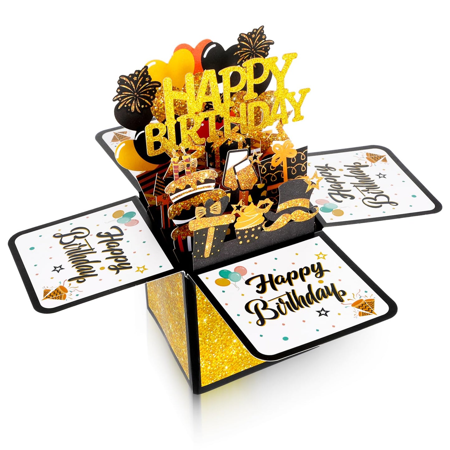 Tyqour Black Gold Pop Up Birthday Cards for Women Men DIY Glitter 3D Birthday Cards Funny Unique Cool Greeting Cards Birthday Gift for Mom Dad Wife Daughter Grandma Girlfriend