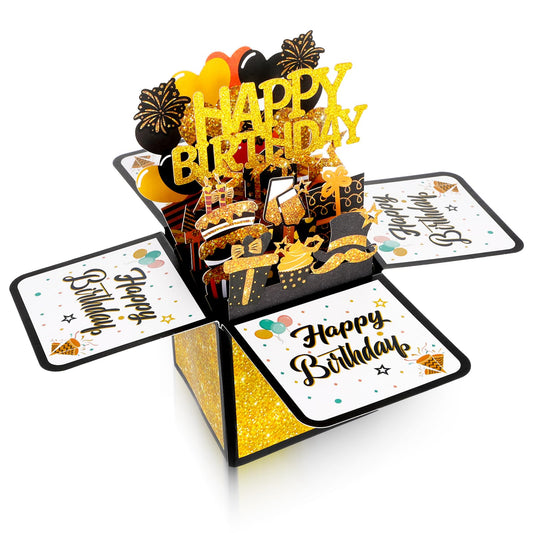 Tyqour Black Gold Pop Up Birthday Cards for Women Men DIY Glitter 3D Birthday Cards Funny Unique Cool Greeting Cards Birthday Gift for Mom Dad Wife Daughter Grandma Girlfriend