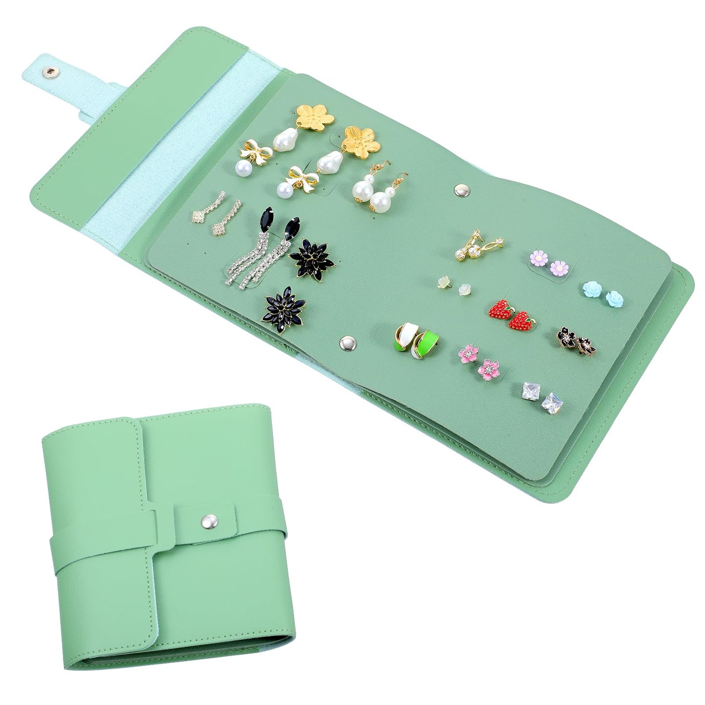 Sorcristy Earring Holder Portable Book Case Stud Organizer Organizers And Storage With Foldable Book Design Pu Leather for Women Accesorios Bracelets Ring(Green)