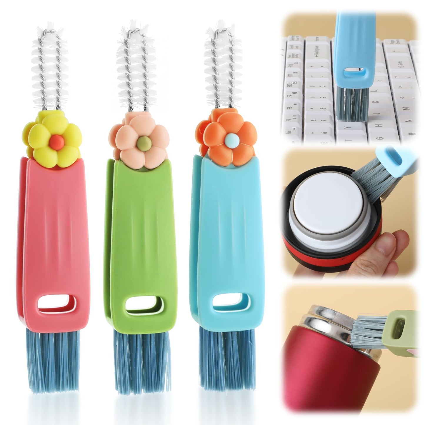 Nogeqi 3 in 1 Cup Lid Cleaning Brush, 3 Pack Portable Water Bottle Cleaning Kit, Multifunctional Crevice Bottle Cleaner Brush Set, 2024 New Bottle Washing Brush for Cup Lid Straw Tight Spaces