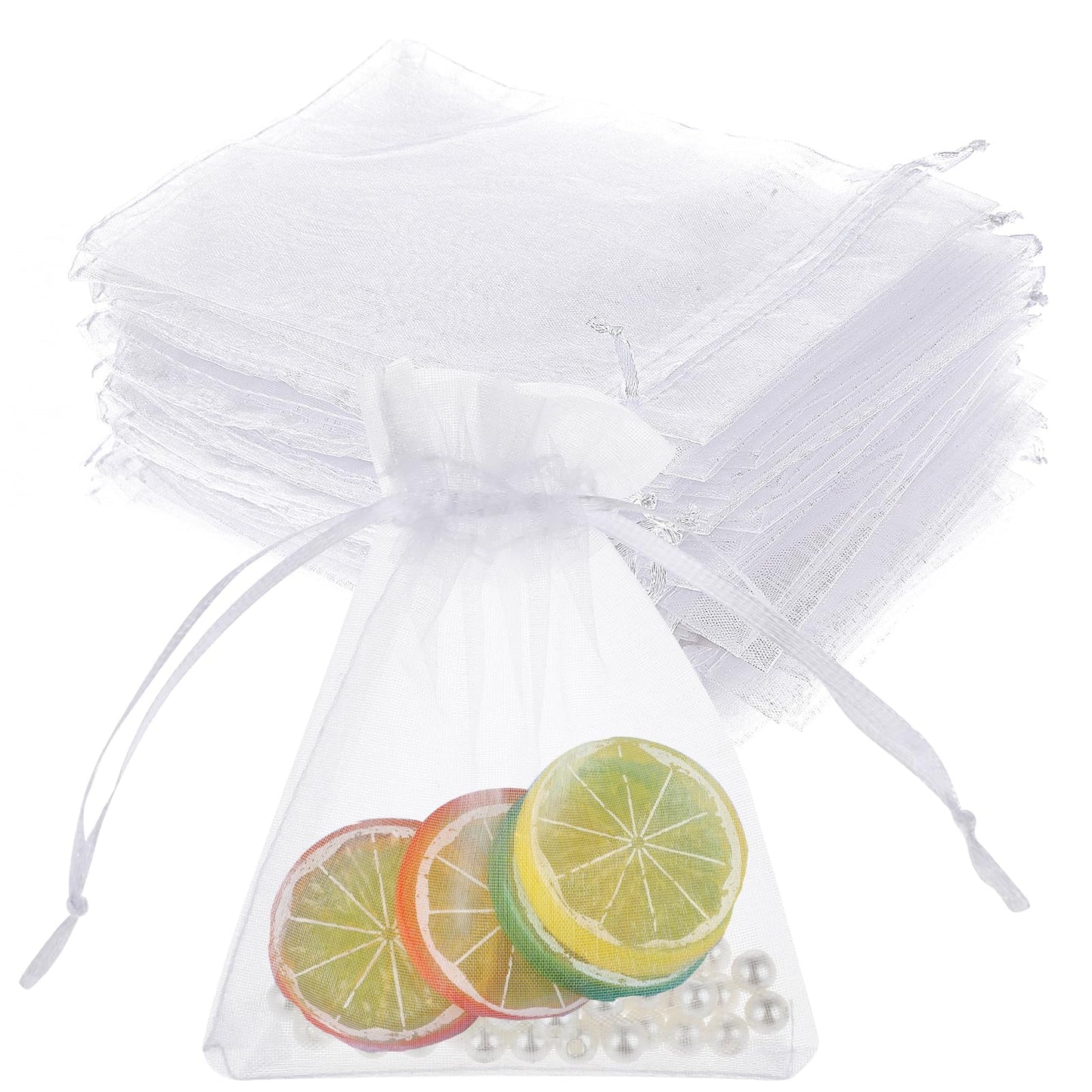 50 Piece White Organza Bags 5x7" Small Mesh Bags Drawstring, Sheer Sachet Pouch Favor Mesh Gift Bags for Valentines Wedding Eid Mubarak Halloween Eve Christmas New Year Party Candy Fruit Wrap Bulk