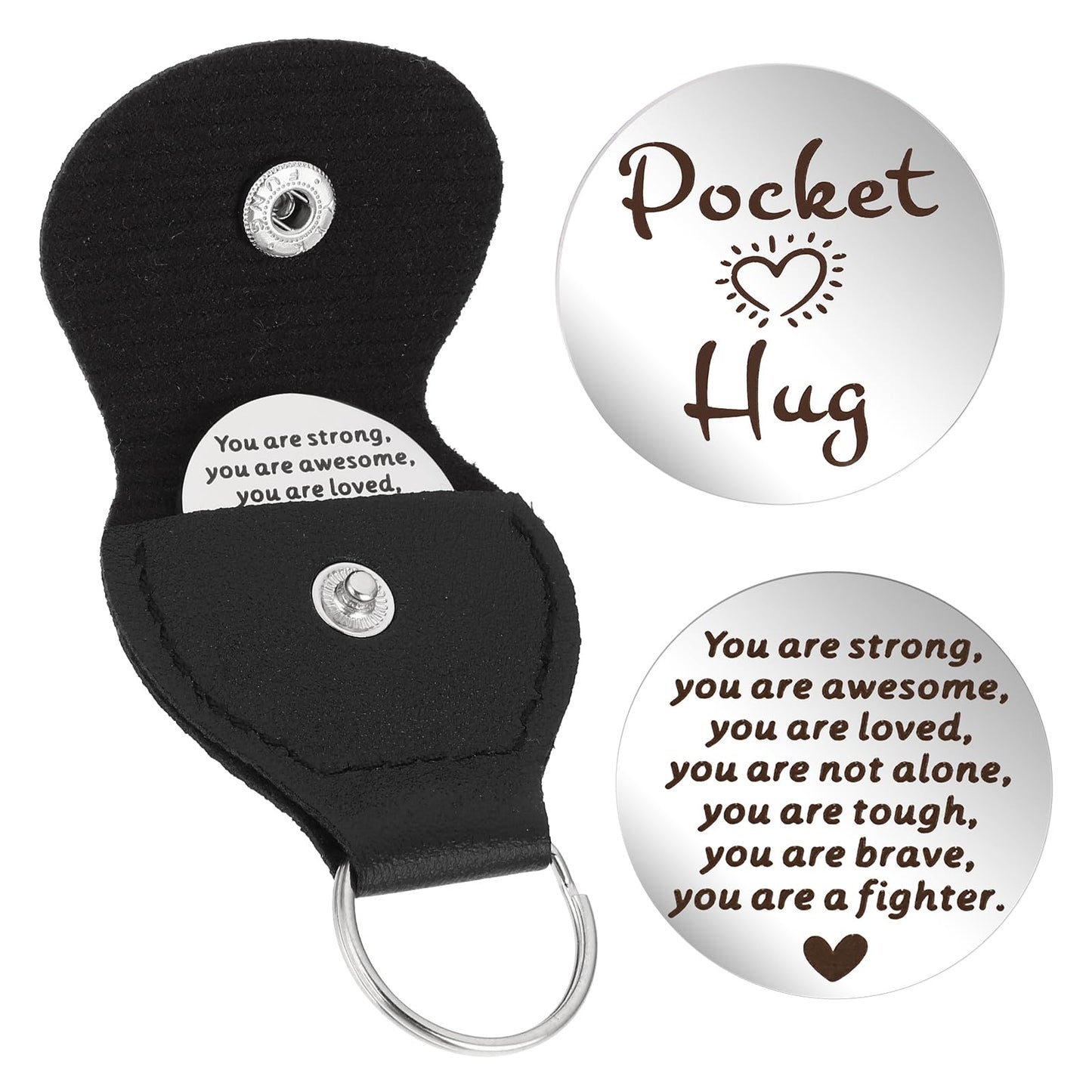 Mabor Pocket Hug Token Little Pocket Hug Keyring with Leather Case Stainless Steel Double-Sided Coin Inspirational Gift for Friends Cancer Patients Must Have Hug Gifts for Men Women