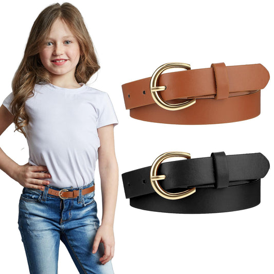 2 Pack Kids Belt Girls' Elastic Leather Belt - Comfortable Skinny Waist Belt with Double O-Ring Buckle, Exquisite Strappy Design (2 Colors, 32.3in)