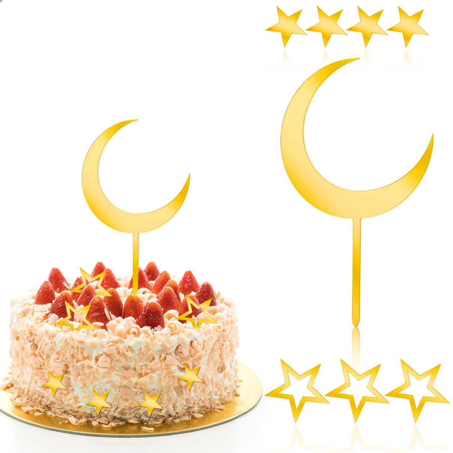 Ouligay 8pcs Moon Star Cake Toppers, Mirror Gold Birthday Decorations, Little Star Celestial Cake Charms For Kids Babyshower Birthday Party Supplies