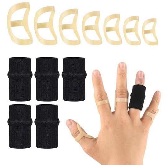 Ymapinc 12pcs Oval Finger Splints,7pcs Different Sizes Finger Splint Brace & 5pcs Knitted Finger Covers Finger Support for Thumb Index Middle Pinky or Ring Finger (6,7,8,9,10,11,12 Sizes)