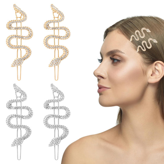 Xinjoduz 4 PCS Snake Hair Clip, Snake Hair Pins with Sparkly Rhinestones Hair Clips Metal Snake Hair Accessories Crystal Hair Barrettes for Women Girls(Gold & Silver)