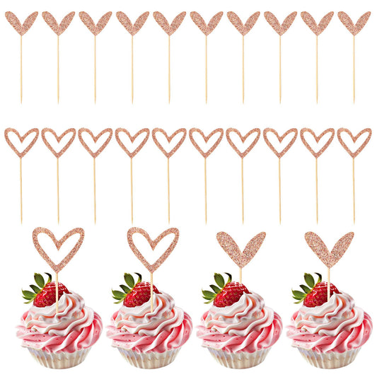 Xinjoduz 24 PCS Wedding Cupcake Toppers, Glitter Sweet Love Theme Heart Cupcake Topper Sticks for Wedding Engagement Bridal Shower Happy Birthday Cupcake Toppers(Rose Gold, 2 Style)