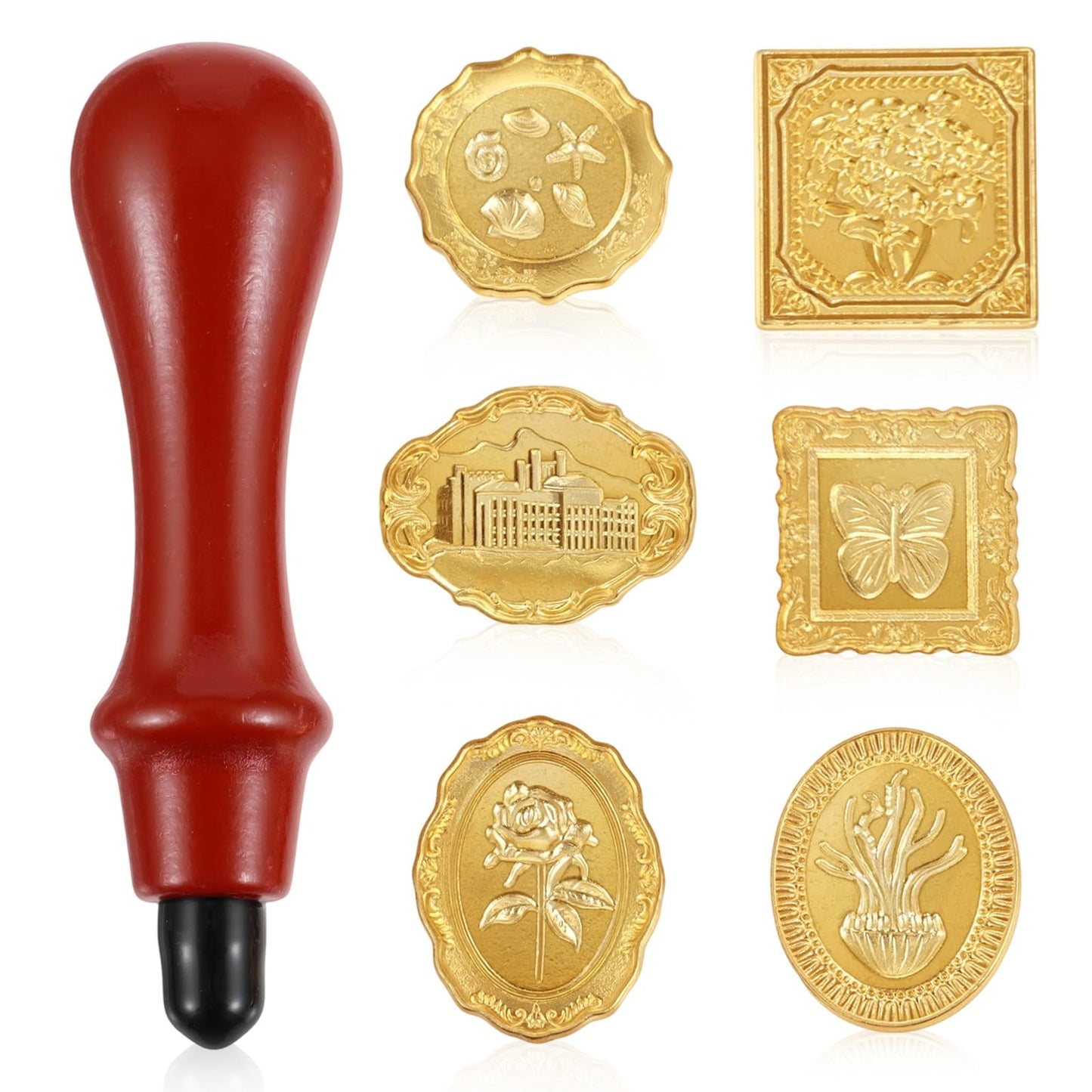 7 PCS Vintage Wax Stamp Seal Kit, Wax Seal Stamp Head and Wooden Handle, Gold Butterflies Rose Flower Sealing WaxStamp Kit for Wedding Party Invitations Envelopes Thanksgiving Card Gift Packing