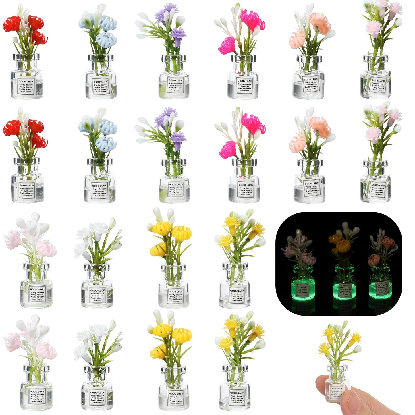 20 Pcs Miniature Dollhouse Plant Flowers, Dollhouse Miniatures Flowers Plants,1:12 Tiny Small Glow In The Dark Glass Vase Flower Plant House Decor, Miniature Plants Accessories for Tiny Houses