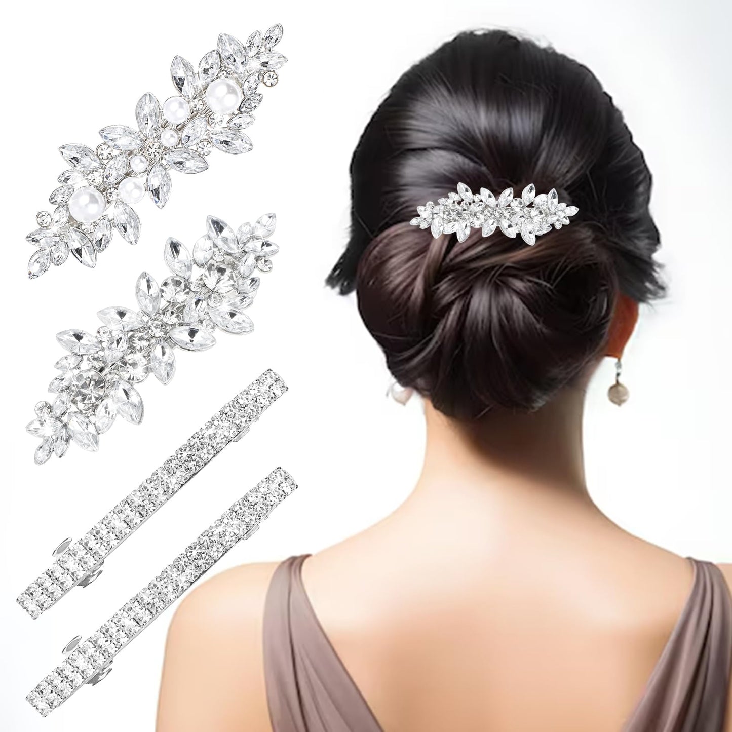 Tyqour 4Pcs Rhinestone Hair Clips for Women Flower Hair Barrettes Elegant Crystal Hairpins Silver Bridal Hair Pins Wedding Hair Accessories for Bride Bridesmaid Party