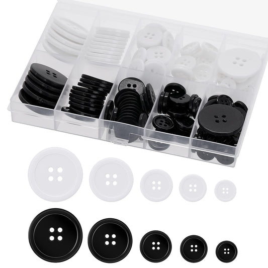 160PCS Round Resin Buttons Black Buttons Sewing Buttons Resin 4-Hole Craft Buttons 5 Sizes Mixed Sewing Buttons Small Black and White Buttons for Sewing Suit Coat Shirt and DIY Decoration