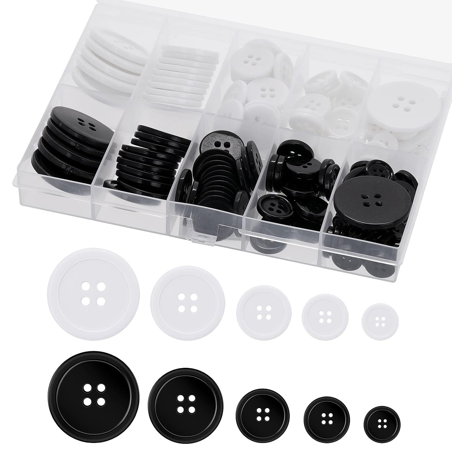 160PCS Round Resin Buttons Black Buttons Sewing Buttons Resin 4-Hole Craft Buttons 5 Sizes Mixed Sewing Buttons Small Black and White Buttons for Sewing Suit Coat Shirt and DIY Decoration