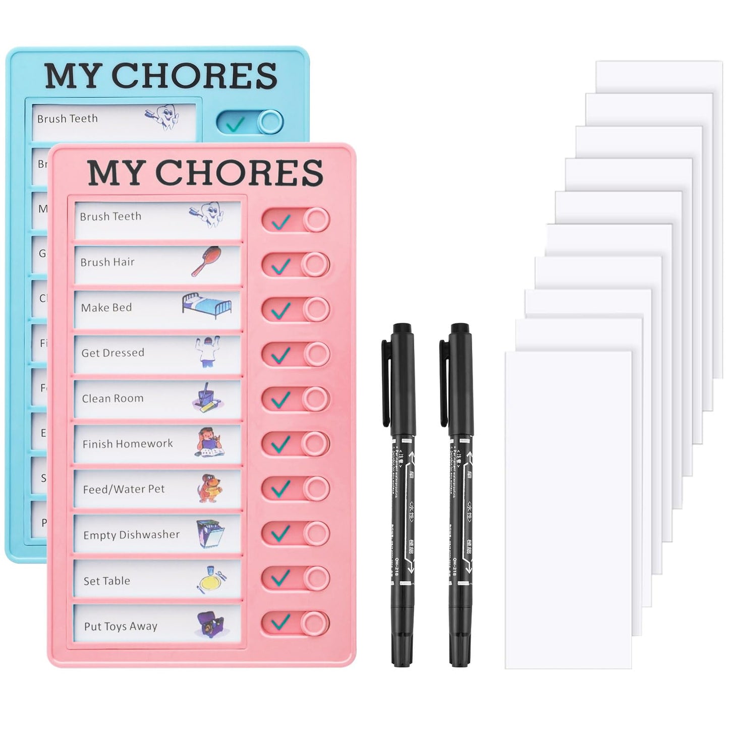 2PCS Chores Chart For Kids,To Do List Checklist Board Detachable Reusable Plastic Checklist Board With 10 Cardstock Memo Checklist My Chores Checklist Board Kids For Home Routine Planning (Blue,Pink)
