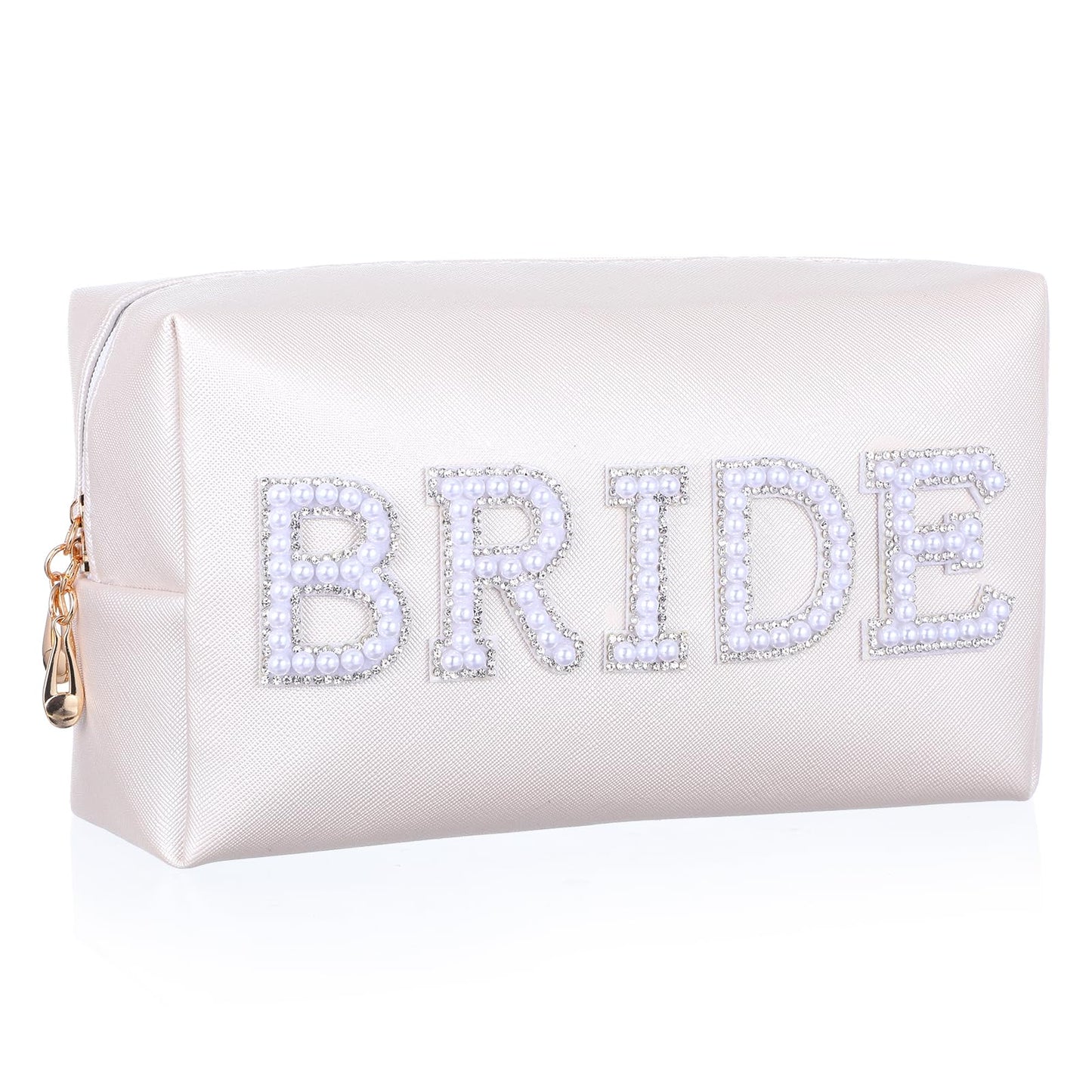 Ymapinc Bridal Bridesmaid Gift Makeup Bag for Purse,Waterproof Travel Toiletry Cosmetic Bag for Men Women Bachelor Party Engaged Make Up Gift White Pearl gem