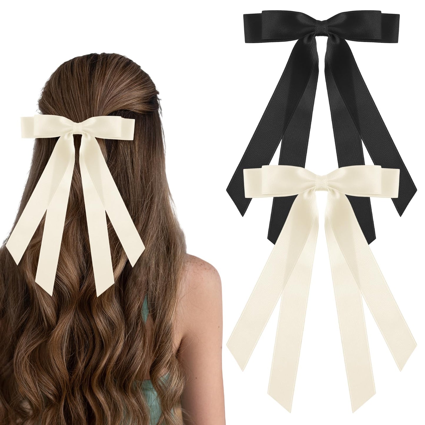 Teaaha 2PCS Hair Bow for Women - Silky Ribbon Long Tail Bowknot Ponytail Holders, Coquette Hair Accessories (Milk White & Black)