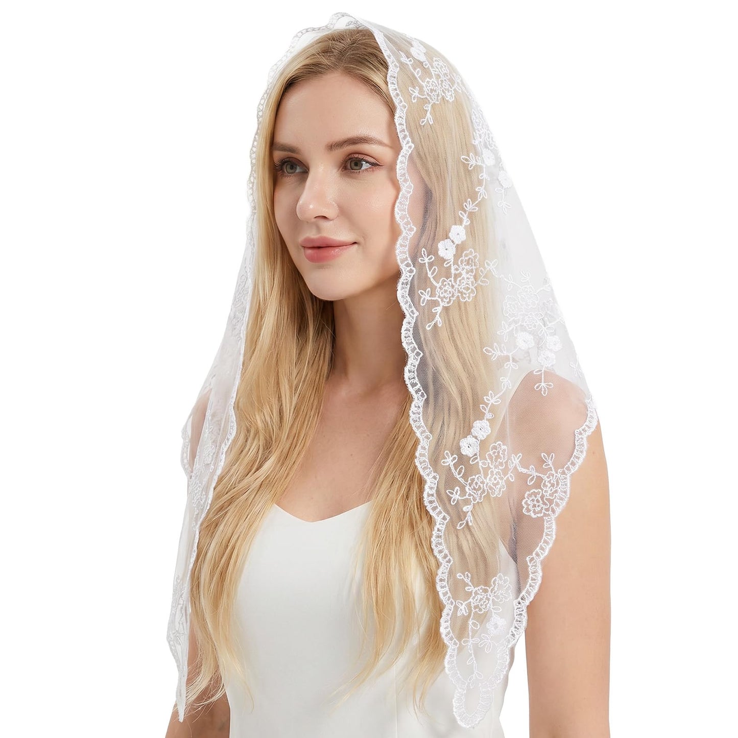 Tyqour White Triangle Catholic Veil Elegant Lace Church Veils for Women, Floral Lace Head Scarf for Wedding, Church, Daily Use Mantilla