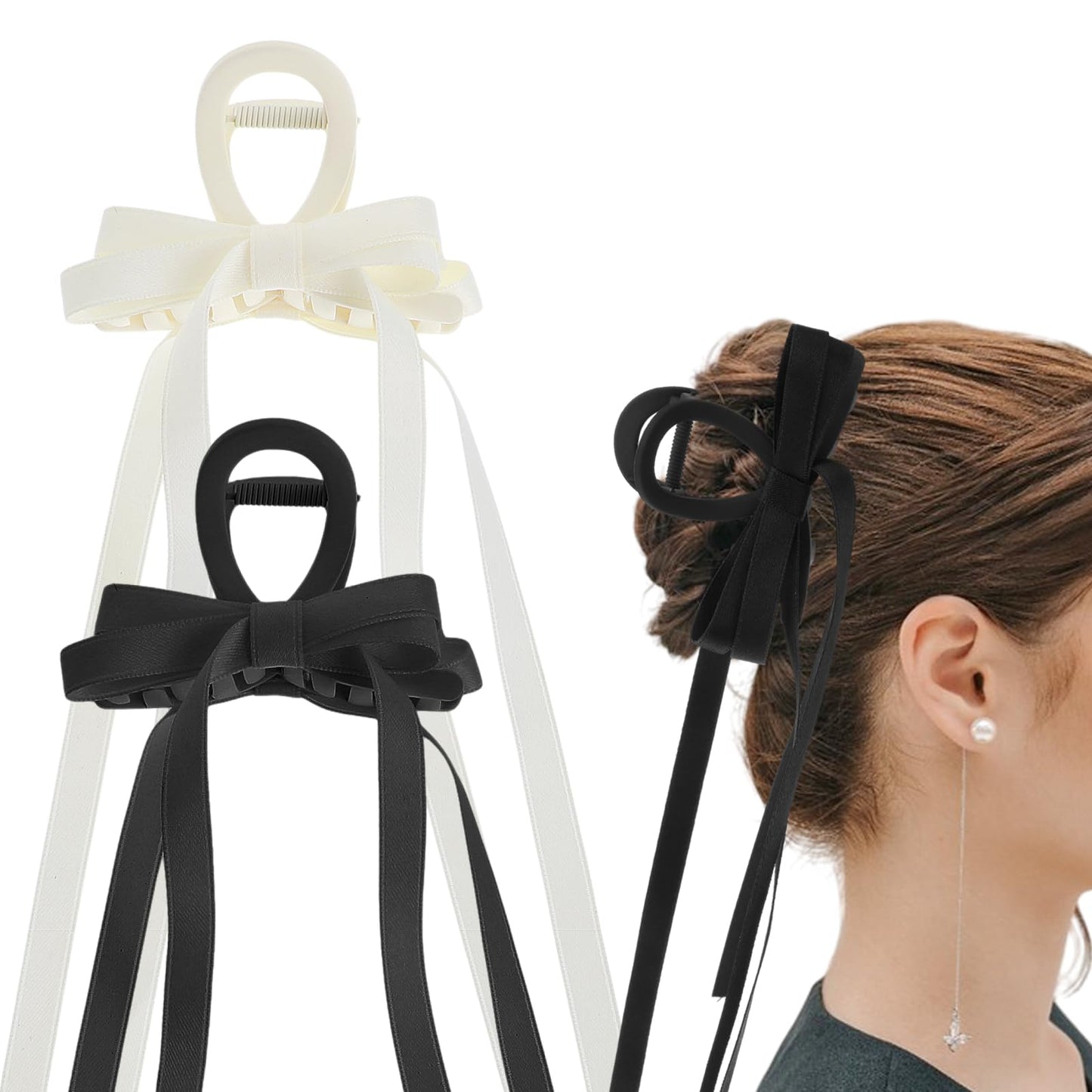 2 PCS Bow Hair Claw Clips with Long Tail Large Cute Claw Clips Bow Claw Clips for Women with Tassels Ribbon Hair Claw Clips Hair Accessories Barrettes Girls Birthday Gift(Black & Milk-White)