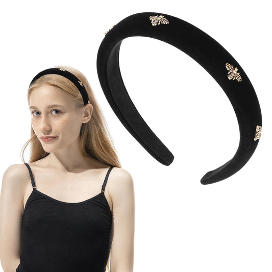Tyqour Black Velvet Headband for Women Ladies Hair Bands Cute Bee Wide Head Bands Soft Sponge Thick Hairbands Vintage Hair Accessories for Women Girls Birthday Party