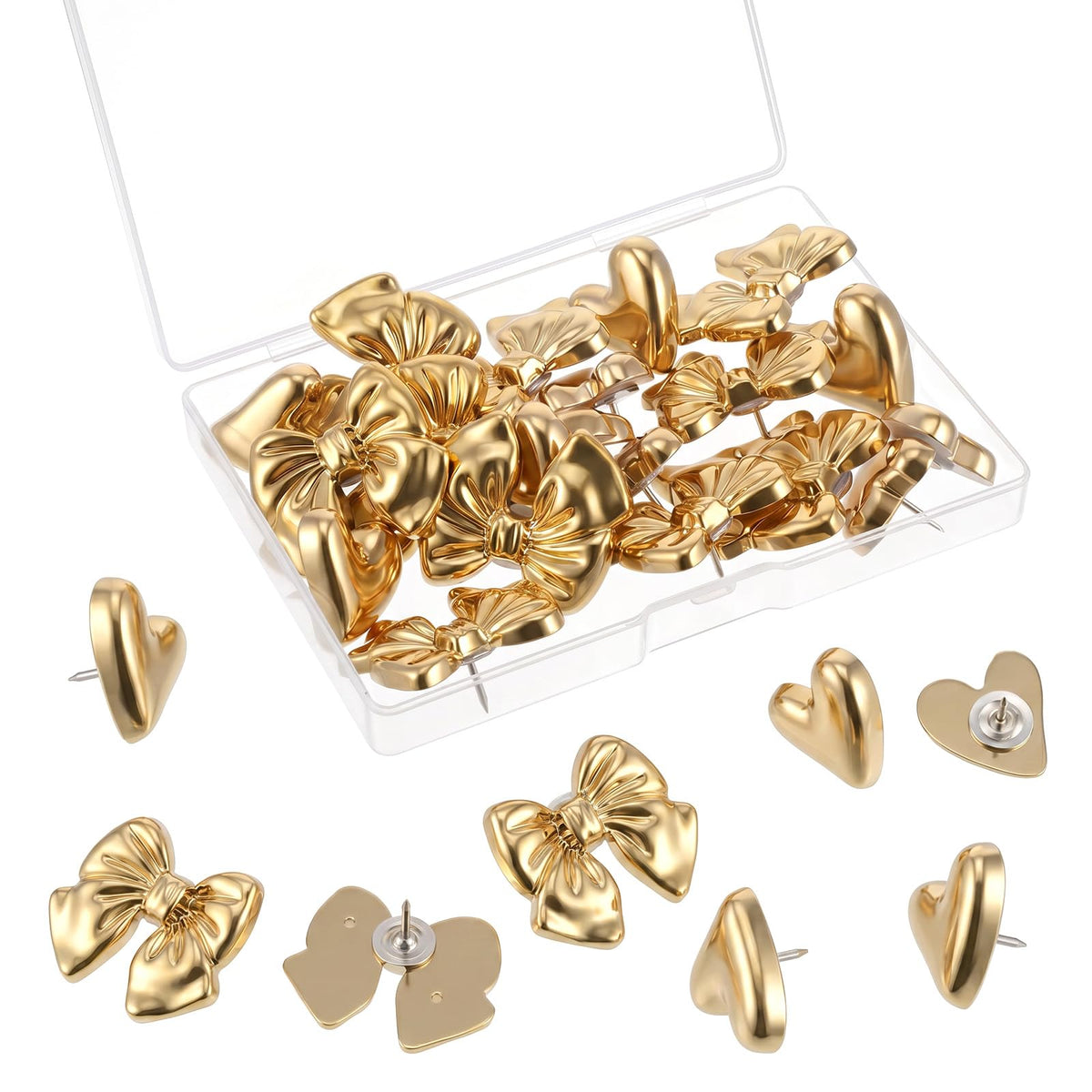 Chsoejuf 20PCS Cute Gold Push Pins Set Bow Heart Metal Thumb Tacks