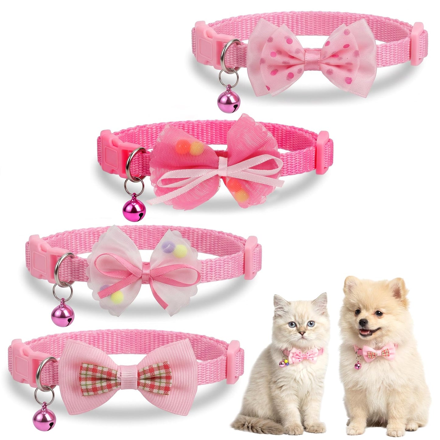Chsoejuf 4 PCS Xs Dog Collars Pink Bow Tie Bell Adjustable 8.66-12.99in