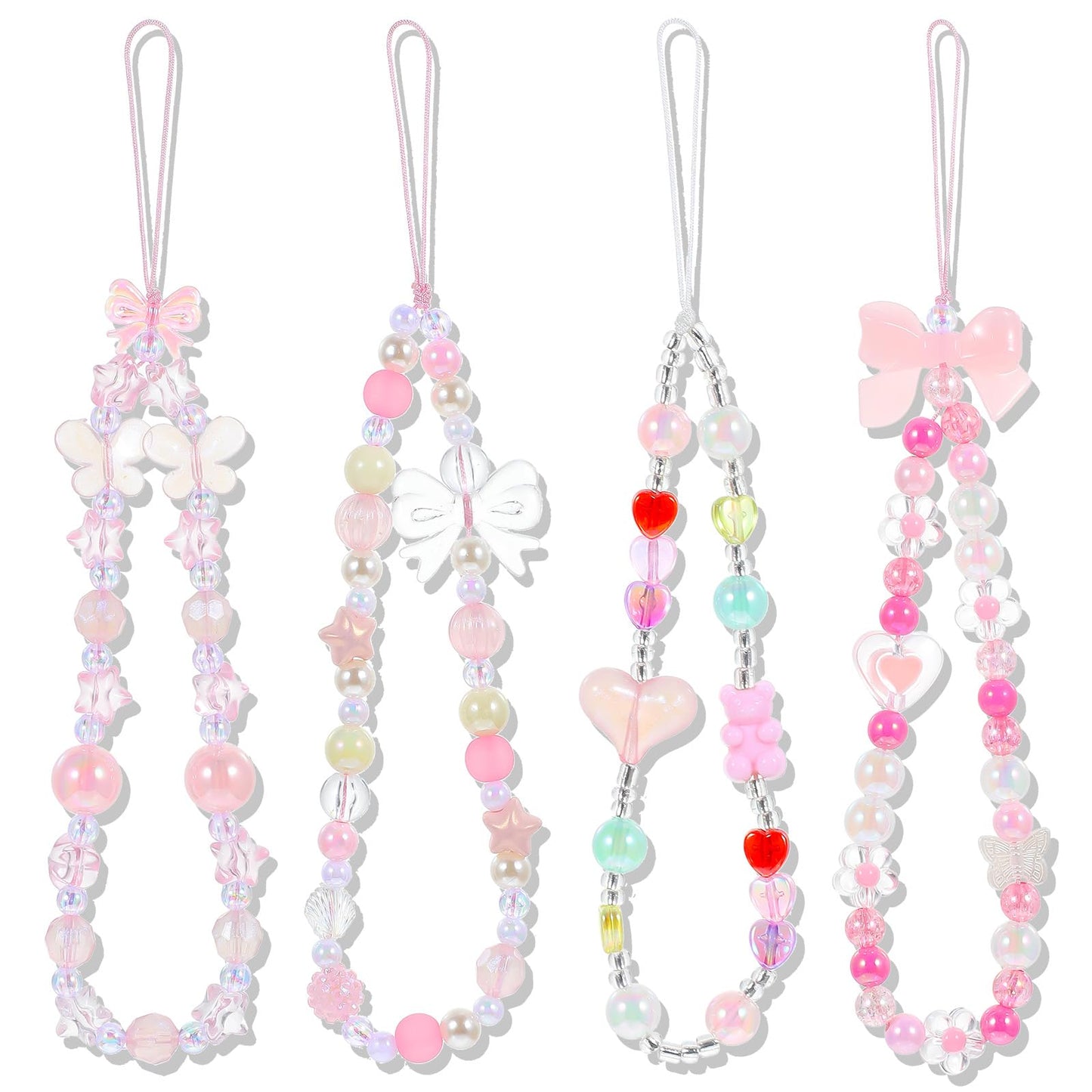 Sorcristy 4 Pcs Beaded Camera Wrist Strap Phone Charms Cute Aesthetic Cellphone Keychain Digital Charm Lanyard Chain Phonecharms for Women Y2k Pink Star Straps Key Chains for Phone Bag Keychain