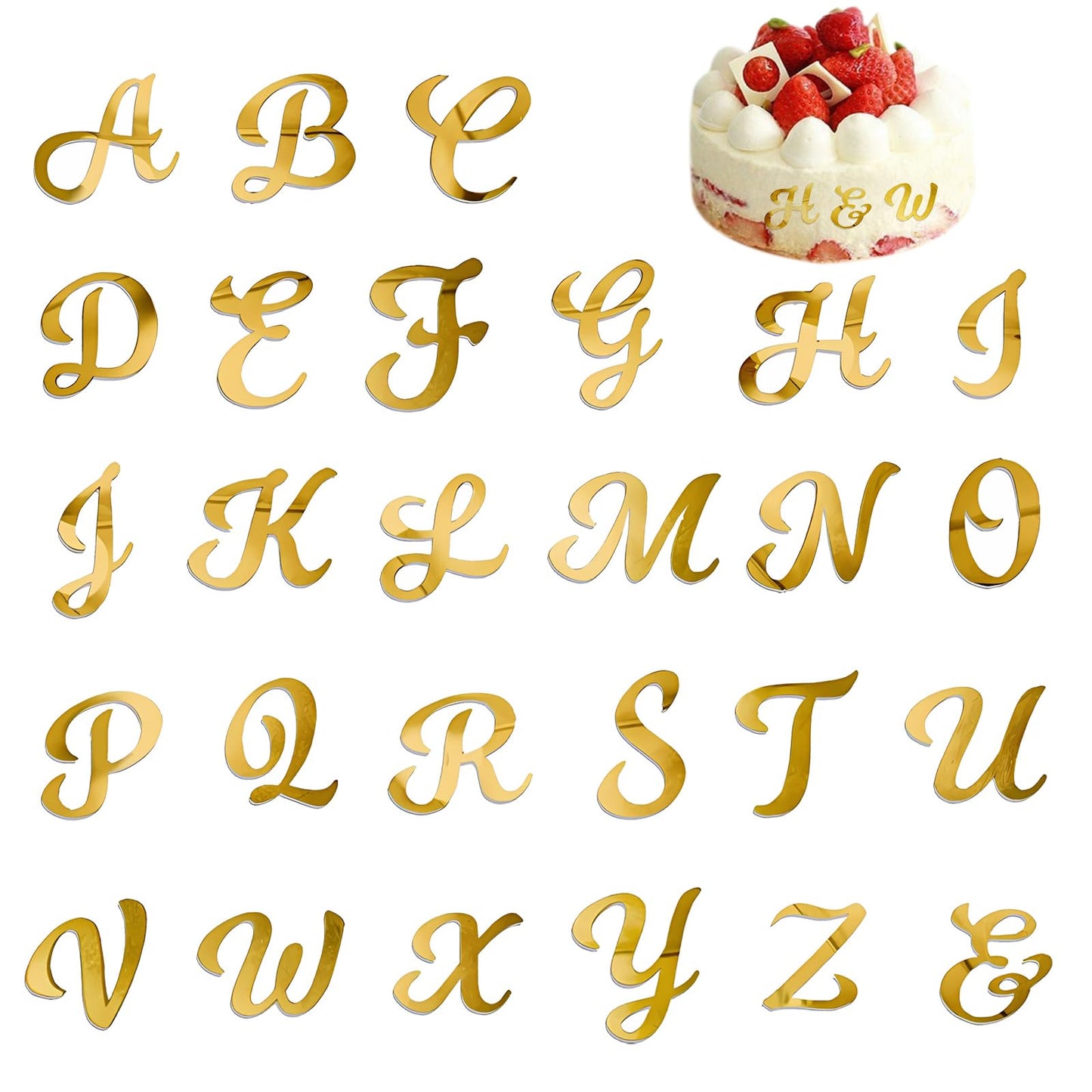27 PCS Acrylic Alphabet Cake Topper Gold Cake Letters Decoration DIY Personalized Name Cupcake Toppers Mirror Alphabet A-Z Cake Picks for Birthday Party Wedding Graduation Cake Decoration (Uppercase)