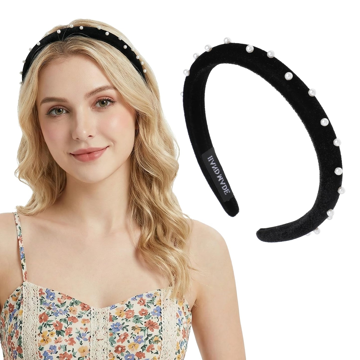 Mabor Black Velvet Headband with Pearls, Non-Slip Padded Hairband for Women - Elegant Decorative Head Accessory