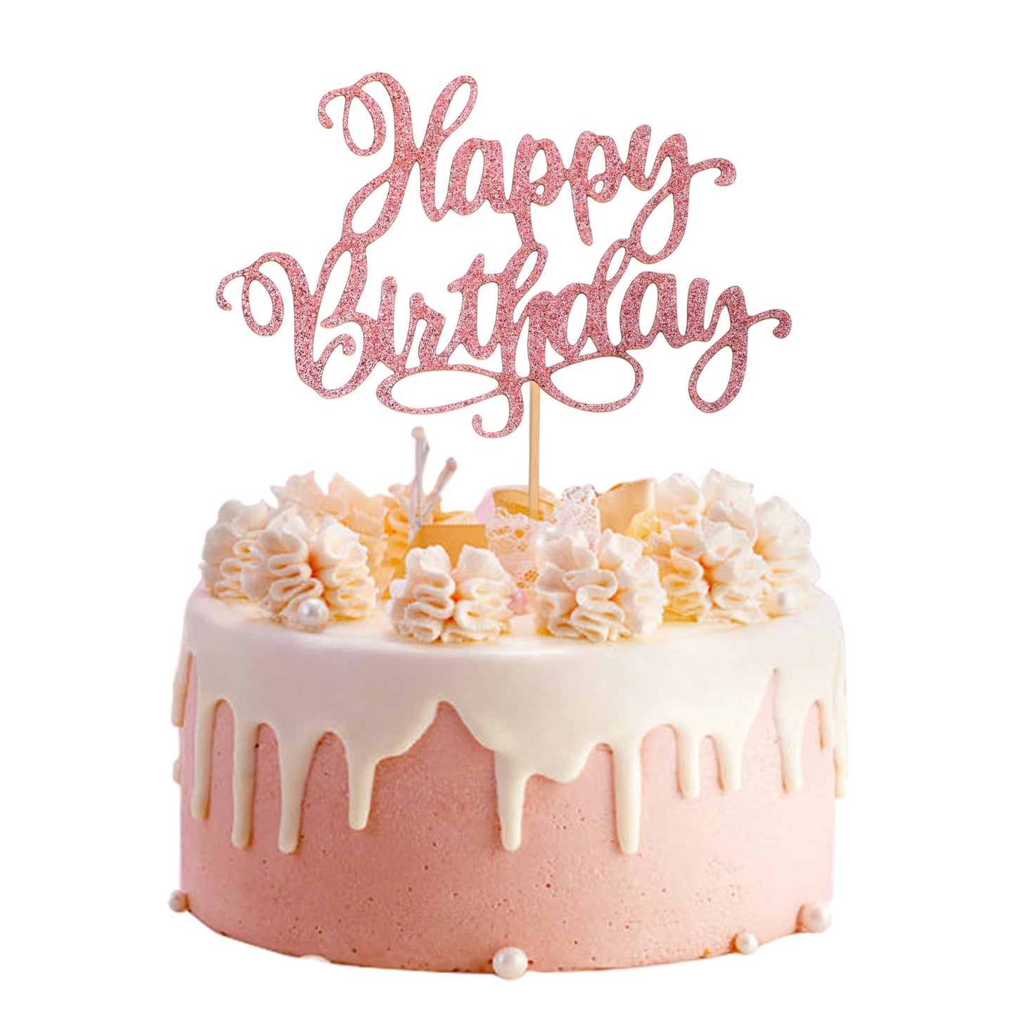 Nogeqi 1 Piece Glitter Happy Birthday Cake Topper Pink Birthday Cake Decoration Happy Birthday Cake Decoration Pink Cake Topper Decoration Birthday for Girls Boys Women Men 17 x 11 cm