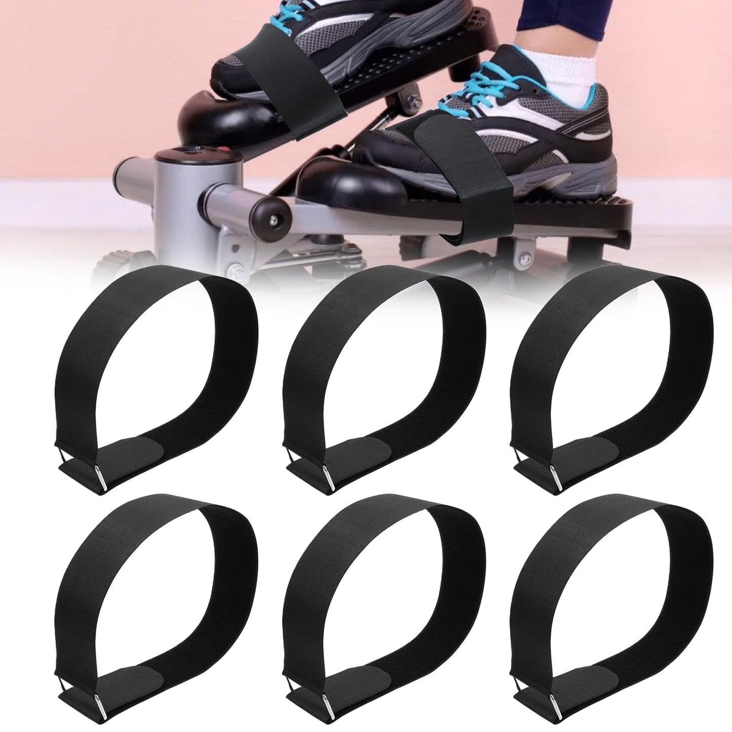 6 PCS Pedal Straps Ellipse Leg Exerciser Pedal Straps Adjustable Strap Ellipse Leg Exerciser Machine Under Desk Elliptical Reusable Strap for Workout Equipment Home Office Sports (Black)