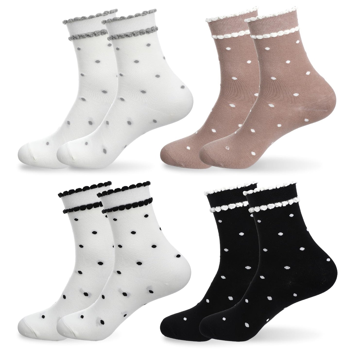 3 Pair Women Polka Dot Socks, Ruffle Low Cut Casual Socks, Fun Cute Crew Breathable Soft Above-Ankle Fashion Sock Set for Girls (Black, Khak, Polka Dot Styles)