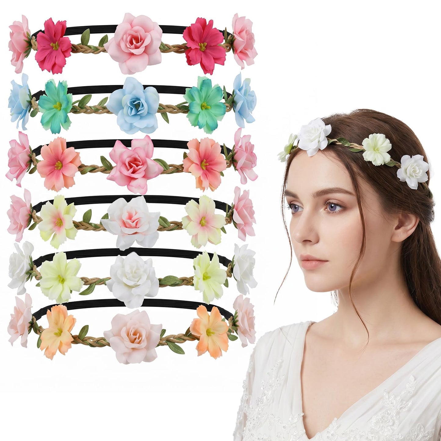 6Pcs Flower Crown for Women Girls, Boho Floral Headband Set