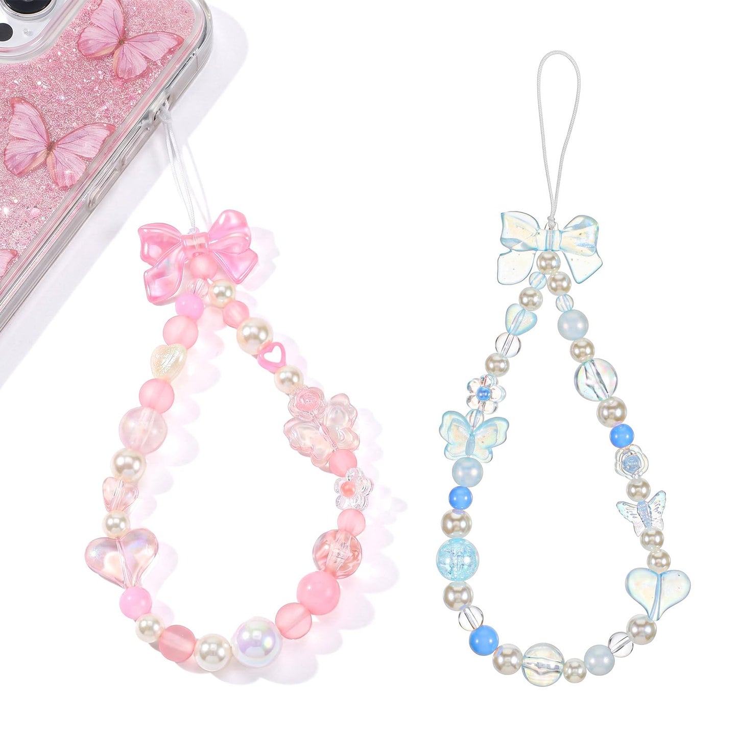 Chsoejuf 2PCS Phone Charm Strap Bow Pearl Beaded Hand Phones Wrist Chain