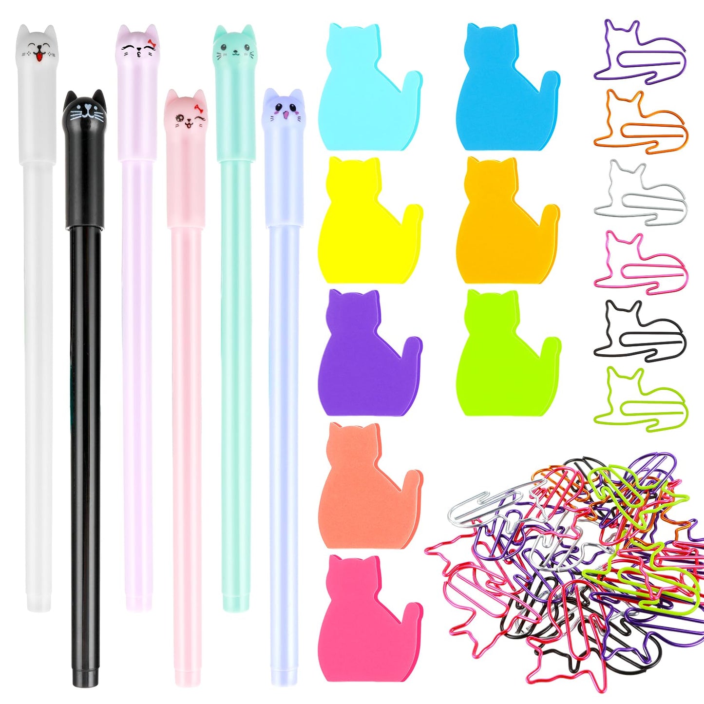 44 PCS Kawaii Cat Stationery, 6 Color Cat Sticky Notes 30 PCS Paper Clips and 6 Kawaii Cat Pens Cat Themed Gifts Lovely Office Desk Accessories for Birthday Party Classroom School Reward Gift