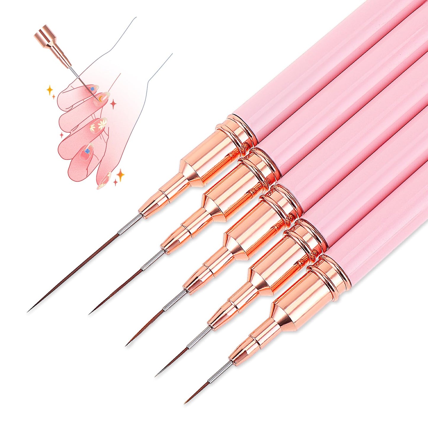Nail Art Liner Brushes 5 PCS Thin Nail Liner Brush Liner Brush for Nails Details Thin Nail Art Brush for Long Lines Fine Drawing Polish Painting Nail Design Sizes 7/9/11/15/25mm (Pink)
