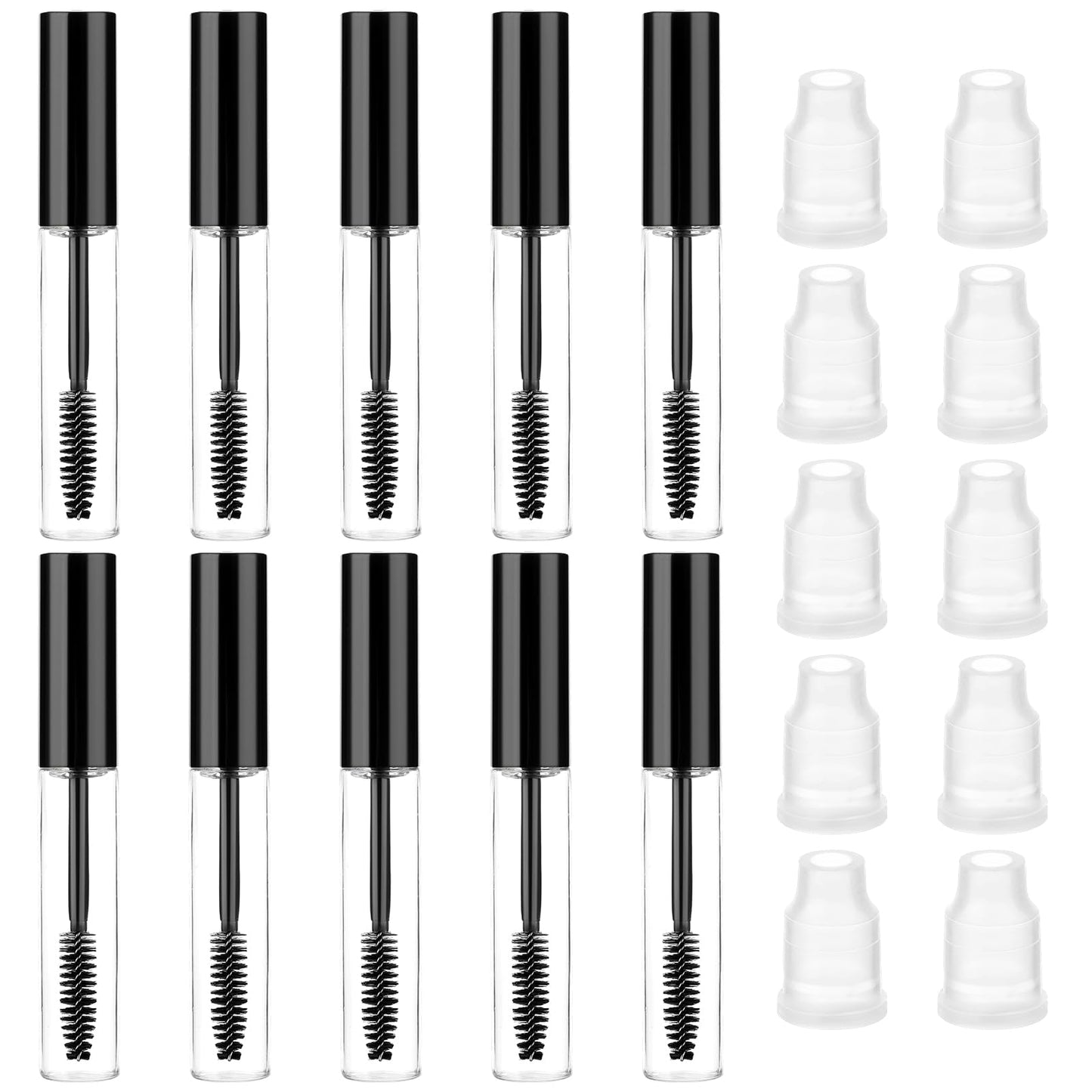 Mabor 10Pcs 10ml Empty Mascara Tube and Wand Clear Refillable Mascara Wand Eyelash Container Bottle with Eyelash Wand for Castor Oil with Leak Stoppers