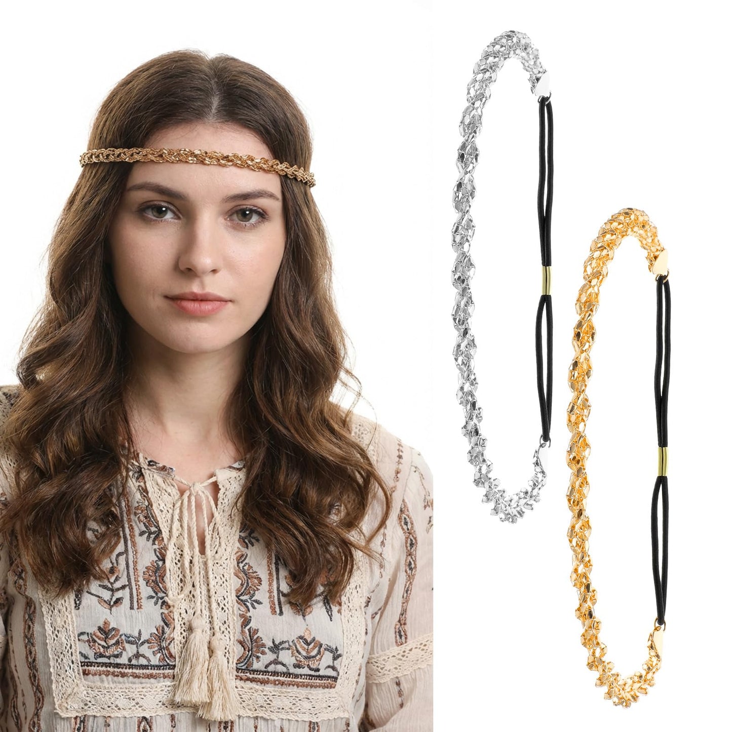 2 PCS Adjustable Silver And Gold Elastic Rhinestone Headband Jewelry Sparkly Retro Sparkly Twisted Crystal Headbands Homecoming Head Chain Forehead Braided Accessories for Women 70s Braid Hair Chains
