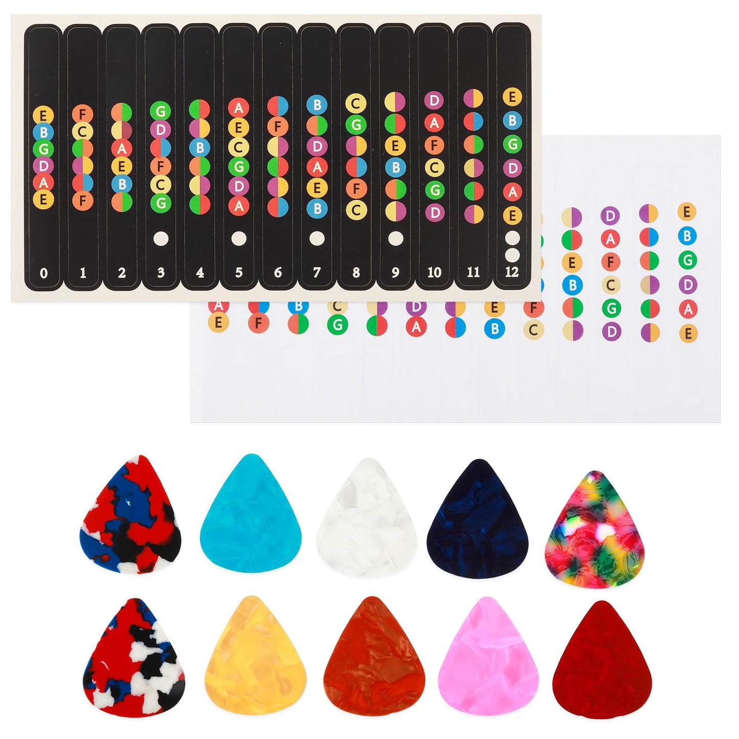 2 Pcs Guitar Stickers Acoustic, Guitar Note Stickers Fingerboard Frets Map Sticker Bass Chord Stickers For Beginner Kids Learner Fit 6 Strings Acoustic Electric Guitars With 10 Pcs Guitar Picks