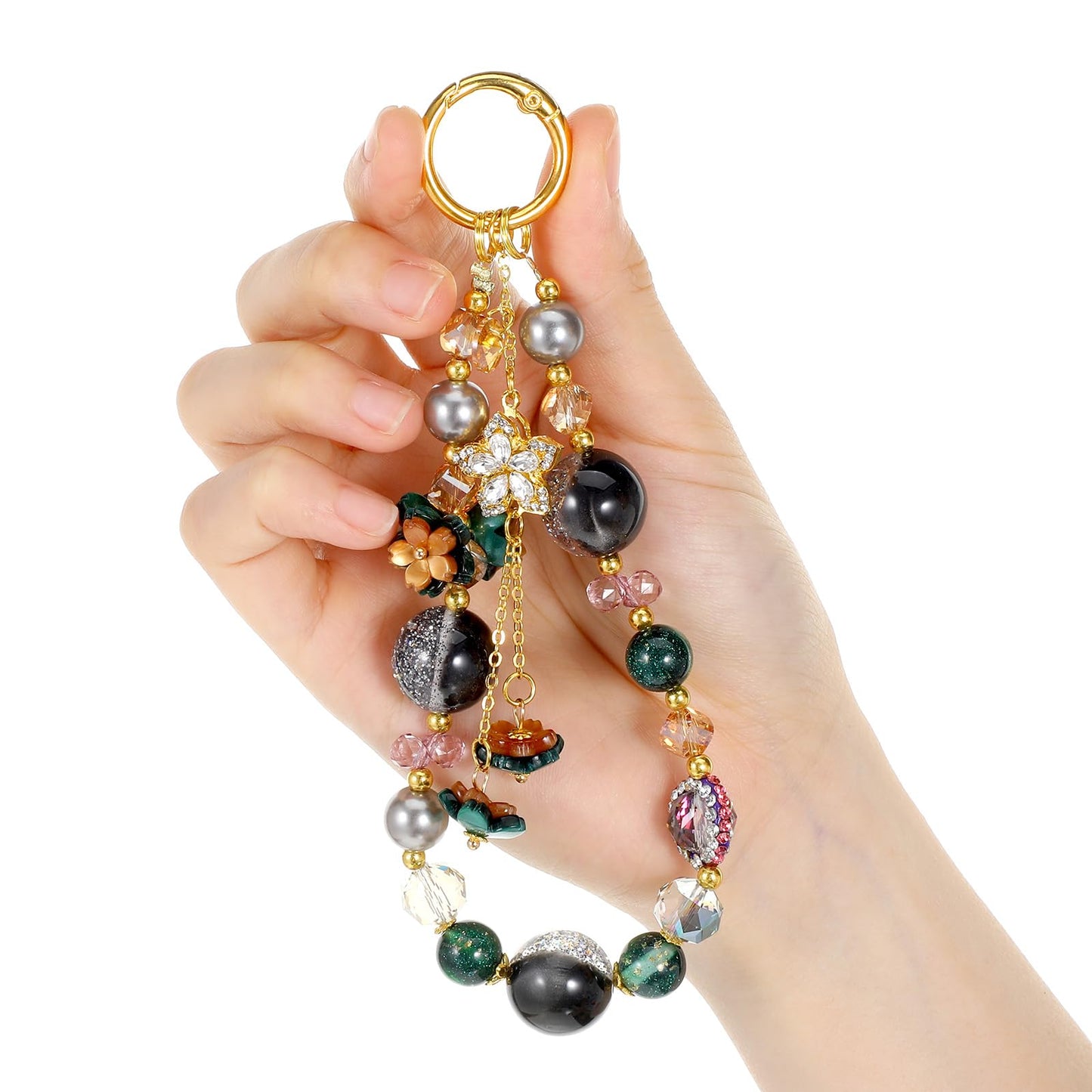 Chsoejuf Retro Colored Bead Phone Charm Strap Flower Pendant Wrist Chain