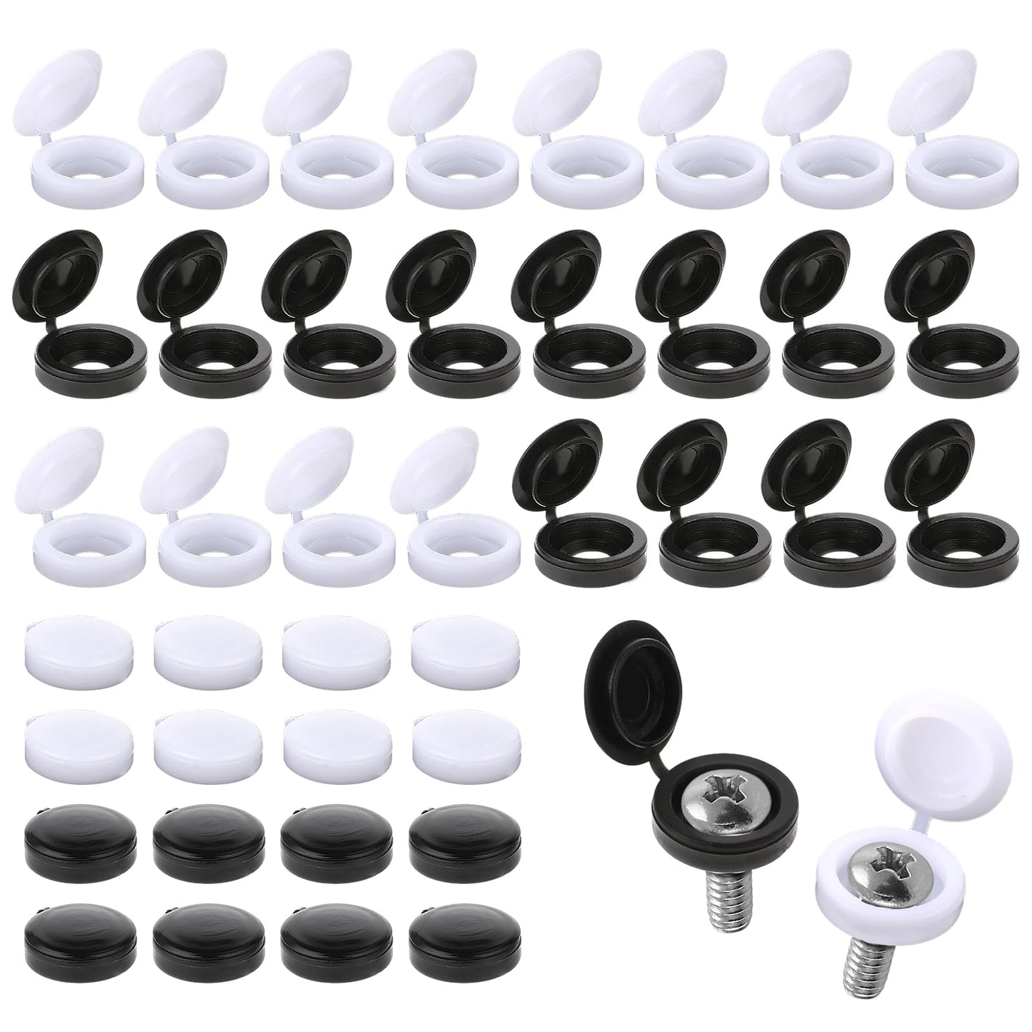 White Black Screw Caps,100PCS Screw Covers Rlastic Hinged Screw Covers Caps Fold Screw Snap Covers PlasticScrew Head Decorative Caps for Covering Screw Heads, Screw Protection