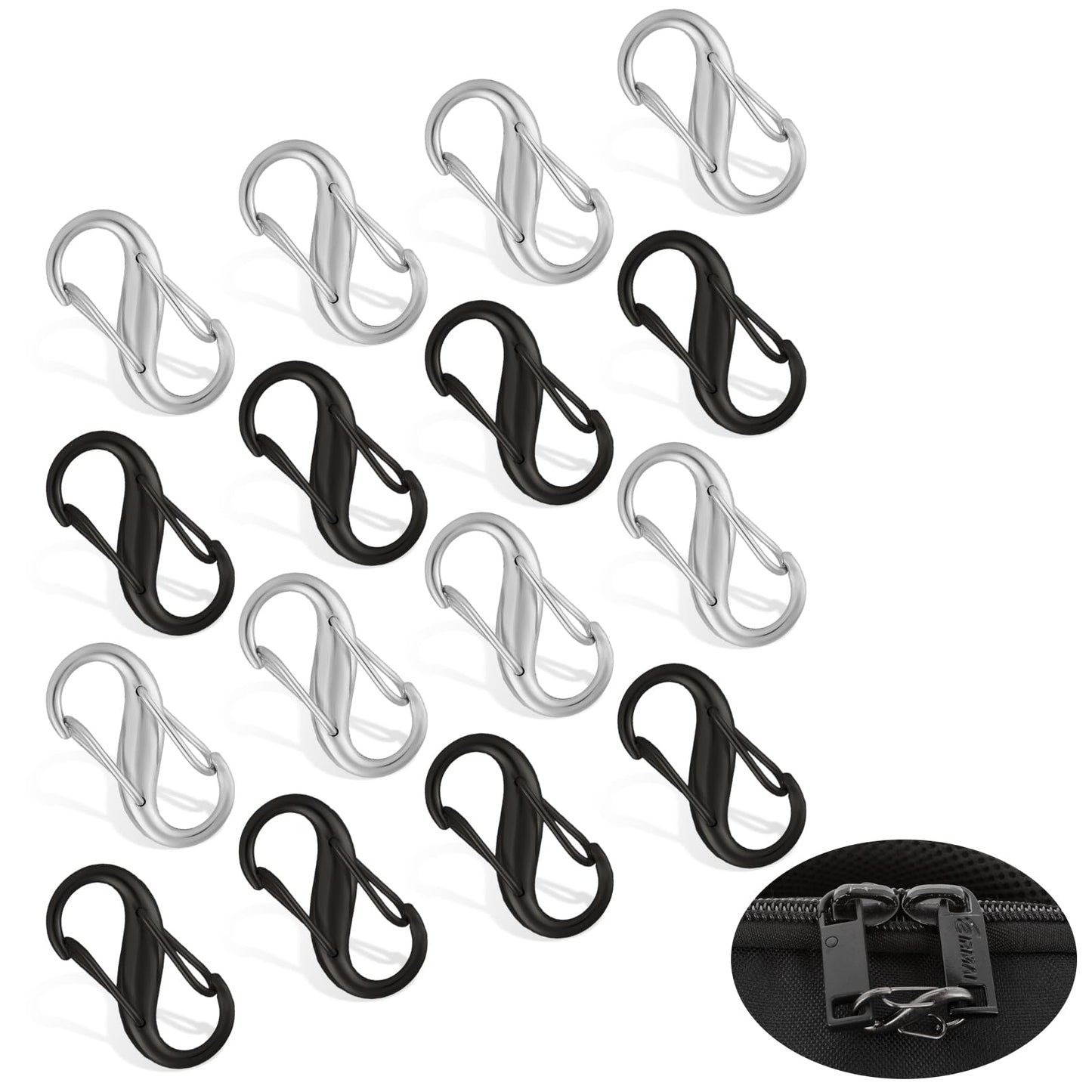 Ouligay 16pcs Anti-Theft Zipper Lock Clips, Backpack Locks Zipper, Small Dual Opening Spring Clips, Replacement Zipper Pulls for Camping Fishing Traveling Outdoor Sports(GunColor and Sliver)