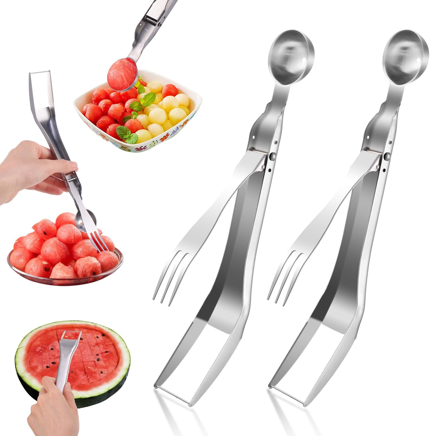 Tyqour 2pcs Melon Cutter, 3-in-1 Stainless Steel Double Head Portable Watermelon Fork Slicer Cutter, Fruit Fork Cut Watermelon for Family Parties Camping Kitchen Gadget