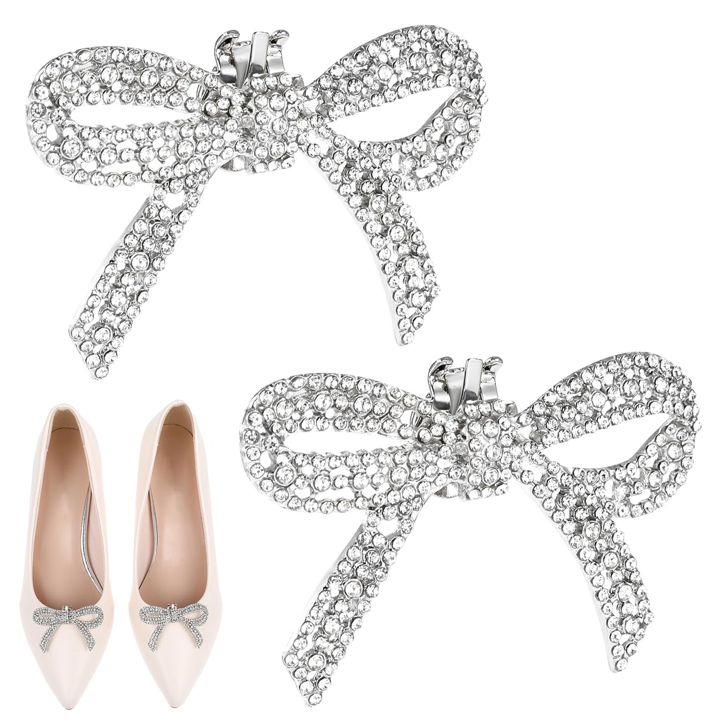 Tyqour 2Pcs Rhinestone Bow Shoe Clips for Women Detachable Crystal High Heels Shoe Charms Decoration Accessories Sparkling Shoe Buckles for Bridal Wedding and Party(silver)