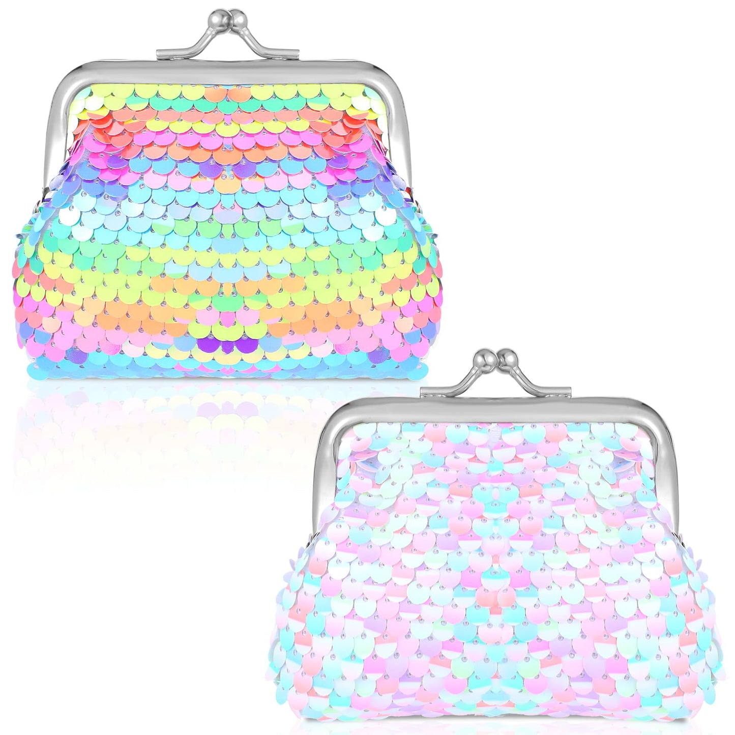 Sequin Coin Purses 2 Packs Double Sided Colorful Coin Pouch Nylon Coin Purse for Women and Girls Reversible Sequin Mini Wallet with Kiss-Lock Closure Purse Bag Handbags for Change Keys Lipstick