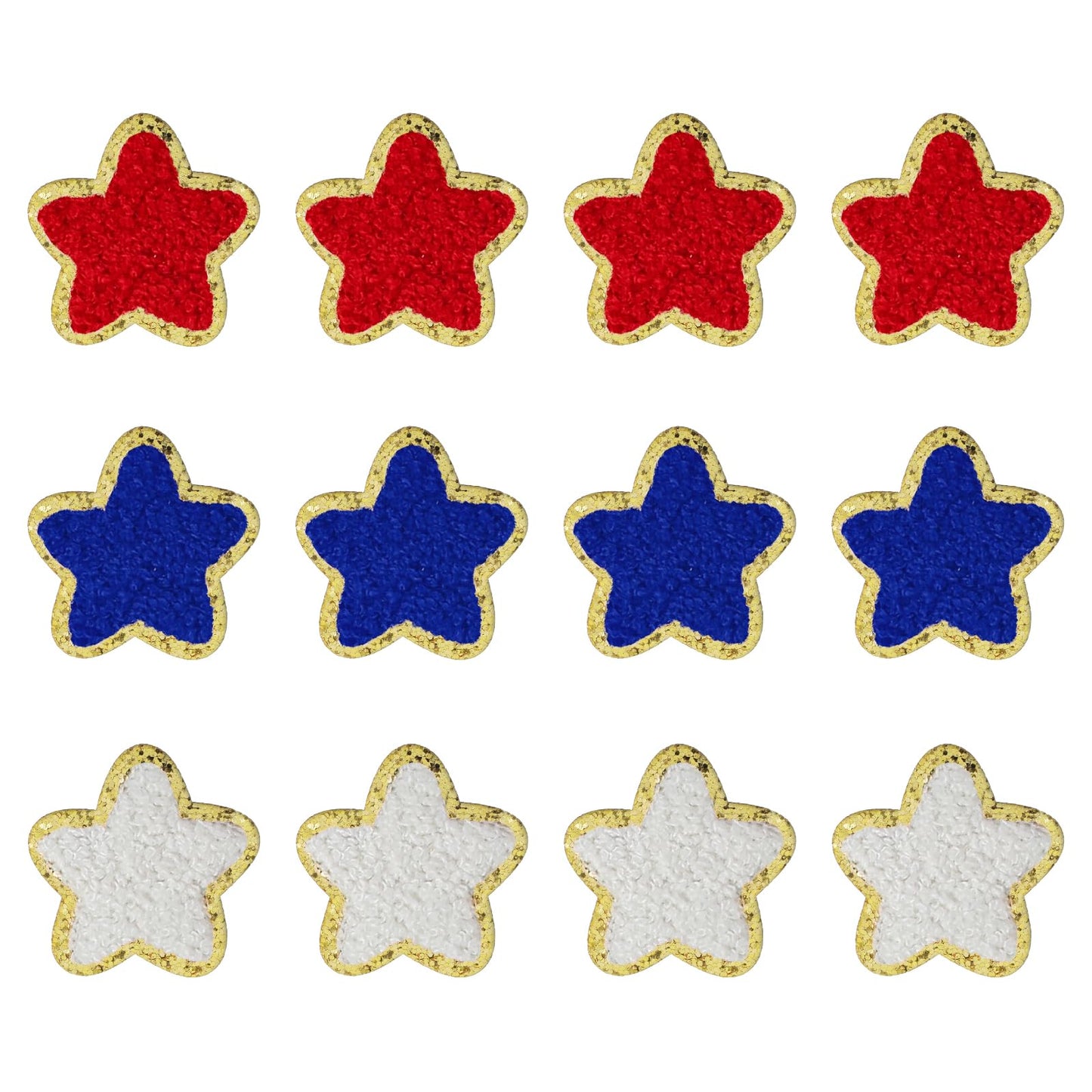 12PCS Sequin Star Patches Iron on with Golden Edges, Shiny Stars Patriotic Chenille Sew Embroidery, 4th of July Decor Star Appliques Embellishments for Clothes Hats Backpacks Costume(Red, White, Blue)