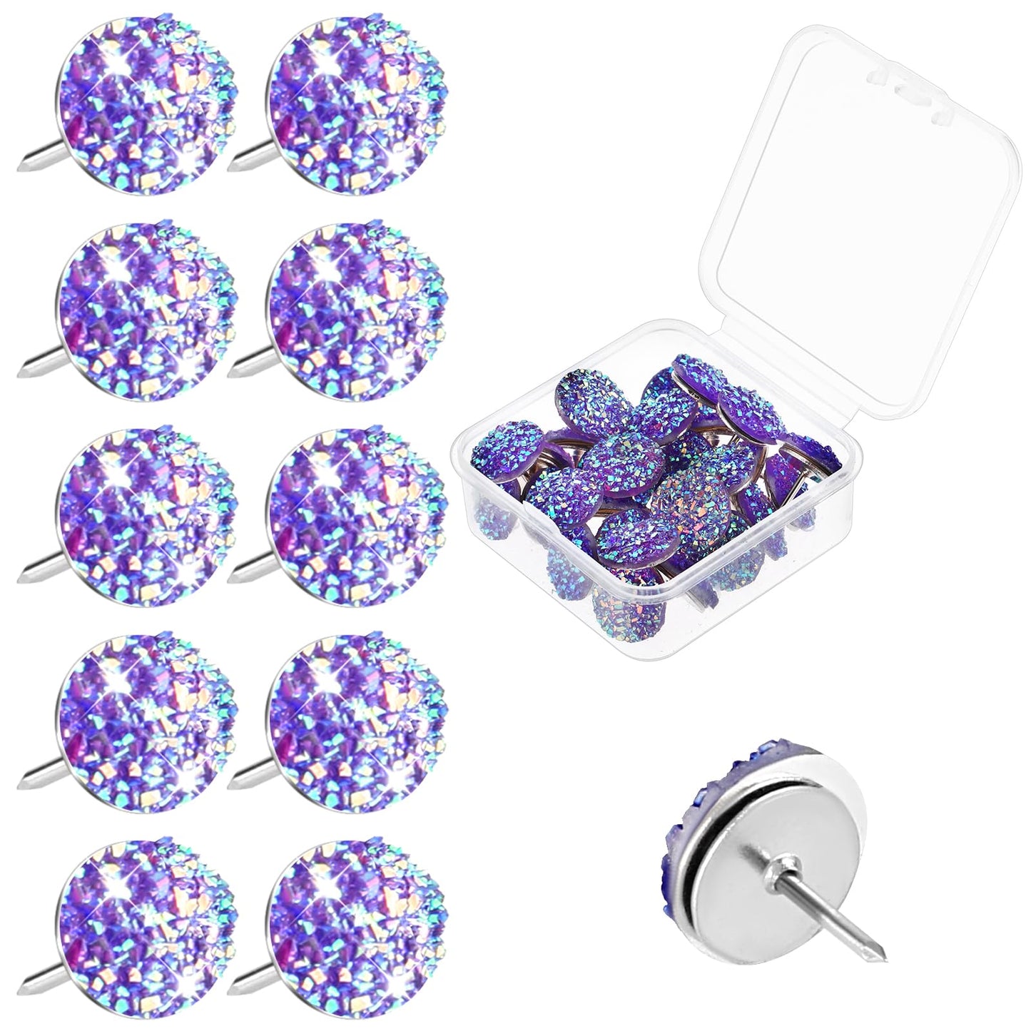Mabor 30pcs Purple Pin Board Pins,Push Pins for Cork Board,Decorative Thumb Tacks,Shine Bright Like A Diamond,Cute Pins,Diamond Push Pins Cute Push Pins for Pinboard