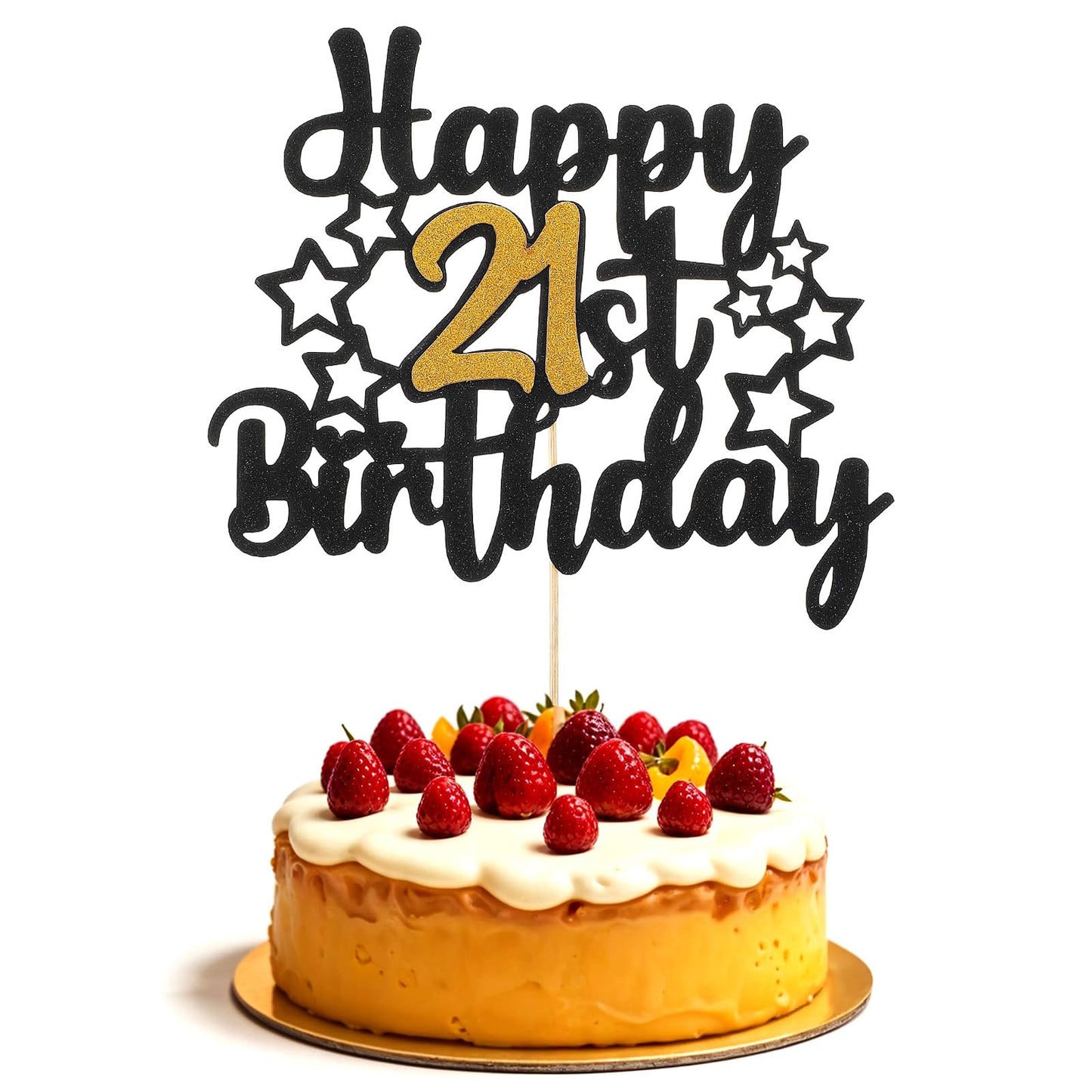 1Pcs 21st Birthday Cake Topper, Black Gold Glitter Cake Topper Cheers to 21 Years Birthday, Cakes Decoration for Theme Happy 21st Party Supplies