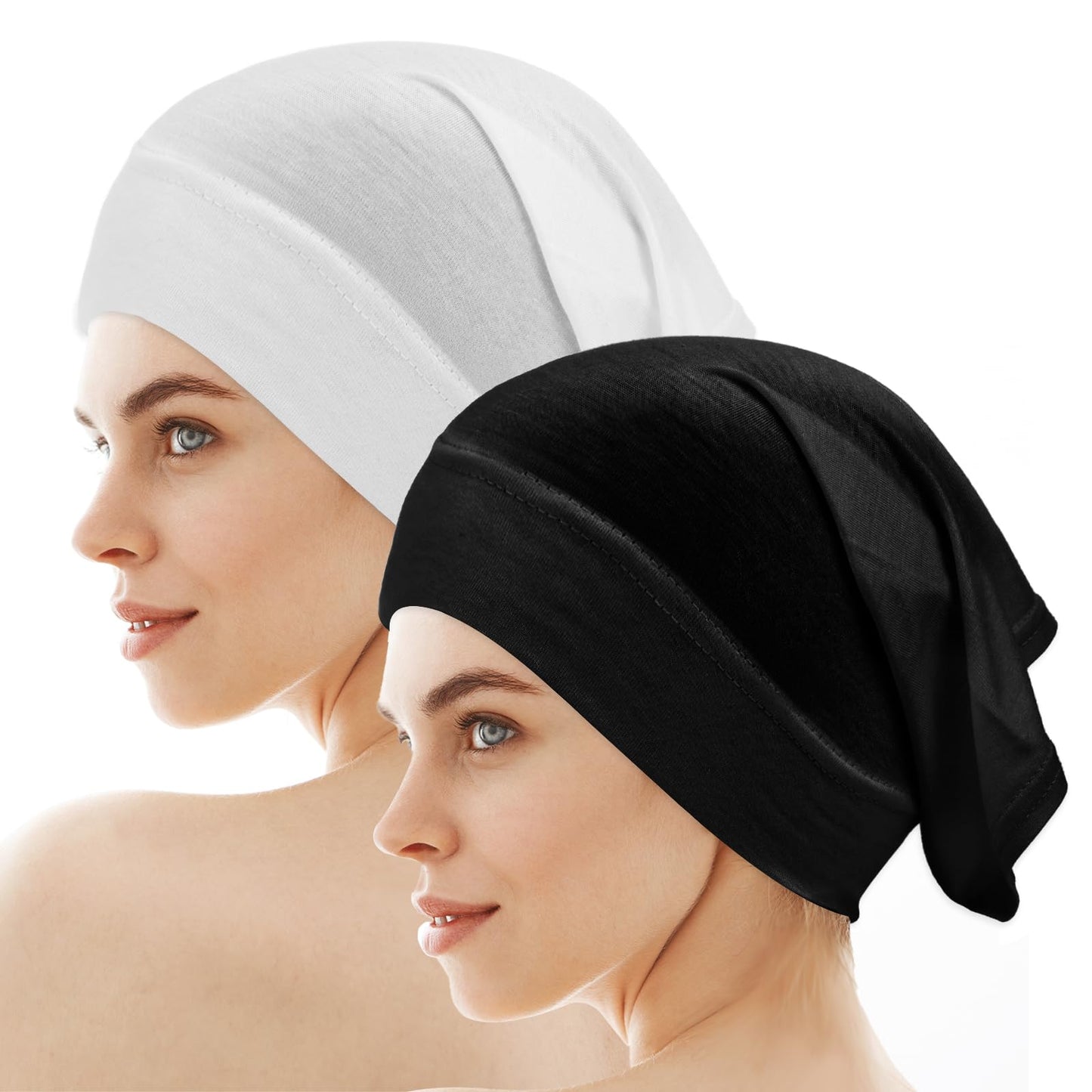 Sorcristy 2PCS Hijab Cap Women Hijab Undercaps No Slip Stretch Bonnet Cap Turban Tube Inner Beanies for Islamic Muslim(Black+White, 11.41×7.08 Inches)