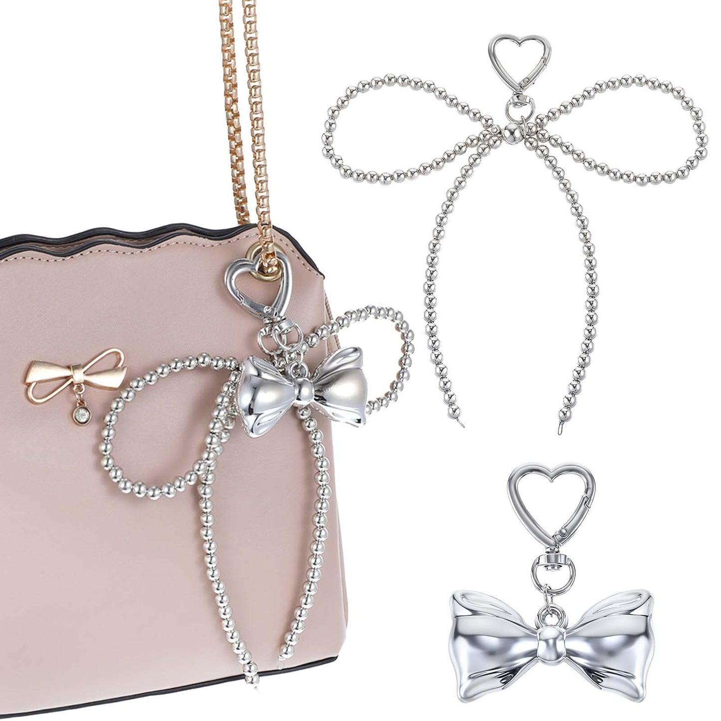 Mabor 2Pcs Silver Bow Keychain Charms Keychain Accessories Kawaii Backpack Keychains Purse Charm Pearl Bows Bowtie Bag Charms Beaded Bowknot Women Key Rings for Car Keys, Silver, One Size