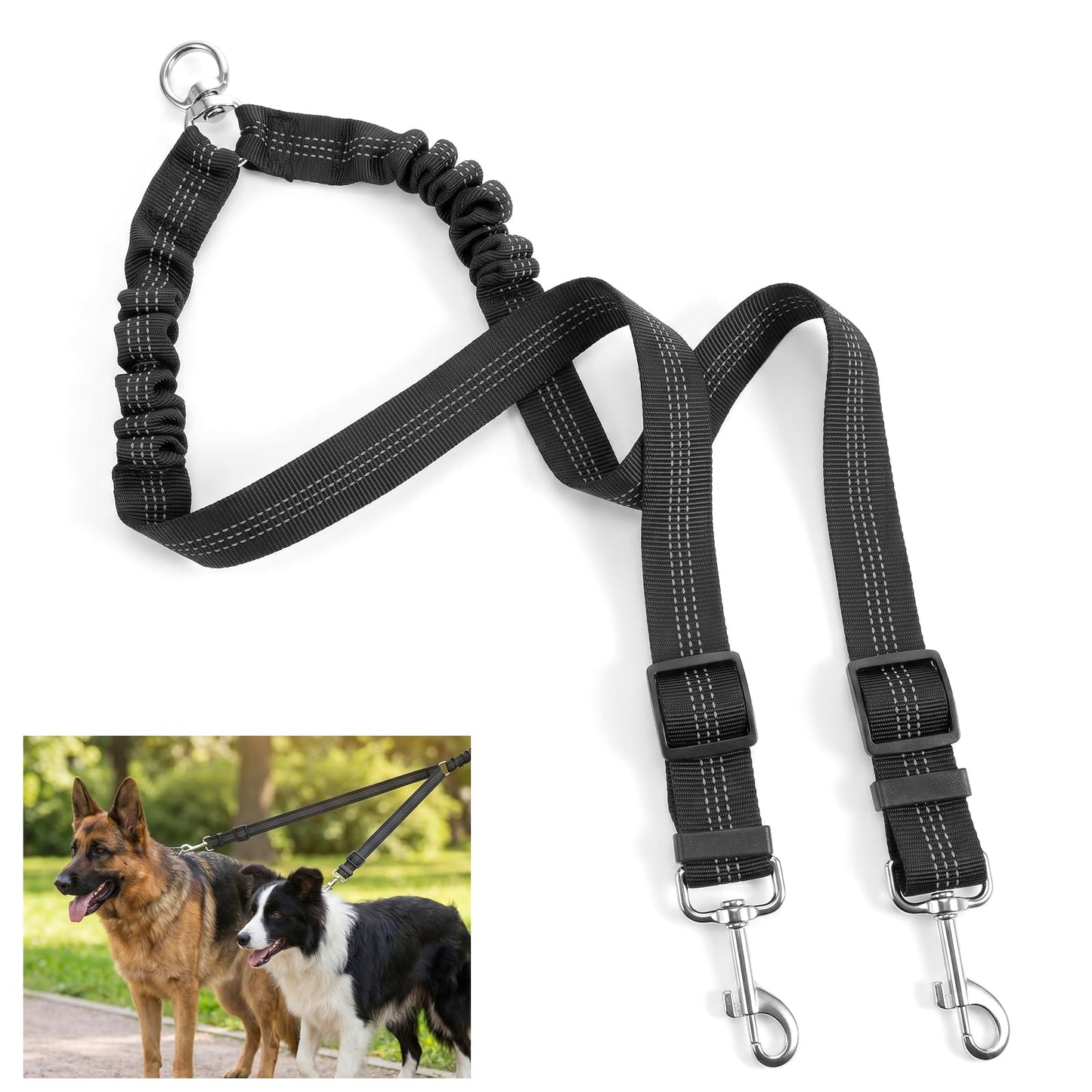 Double Dog Lead for Two Dogs, 2-in-1 No Tangle 360° Swivel Coupler with Shock Absorbing Bungee, Adjustable Length Dual-Sided Reflective Two Dogs Leash Splitter for Walking, Running, Training (Black)